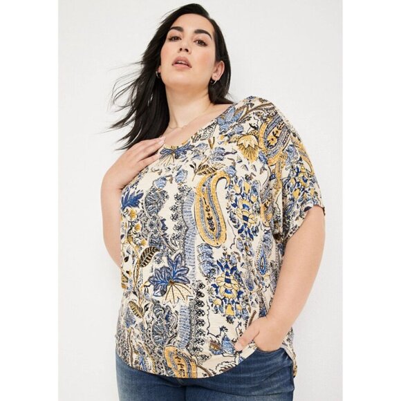 Maurices 24/7 Cream Navy Paisley Print Dolman Short Sleeve V-Neck Blouse 2X - Picture 1 of 13
